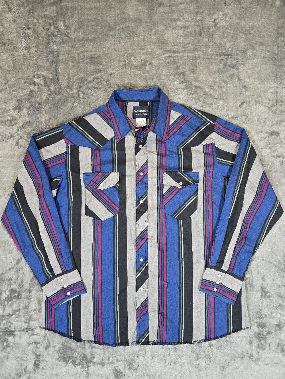Vintage Wrangler Western Shirts Pearl Snap Button Up Striped Size XL Blue Purple